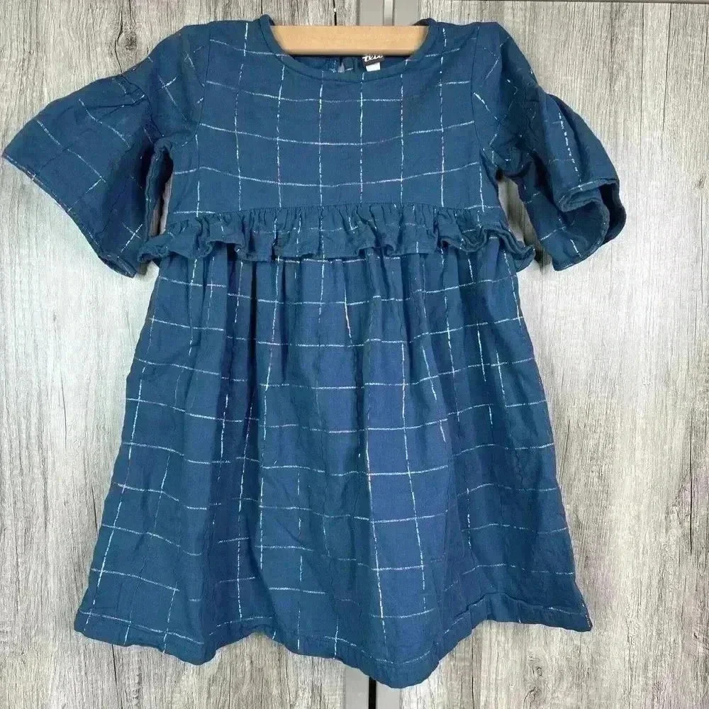 Tea Girls Dress Sz 7 Ruffle Blue with Metallic Thread Flutter Sleeve Cotton